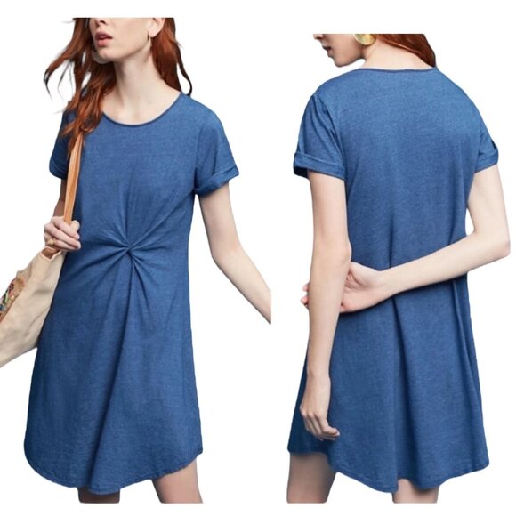 Anthropologie Holding Horses Paula Knot Knit T-Shirt Dress Twist Blue - Large - Picture 1 of 8